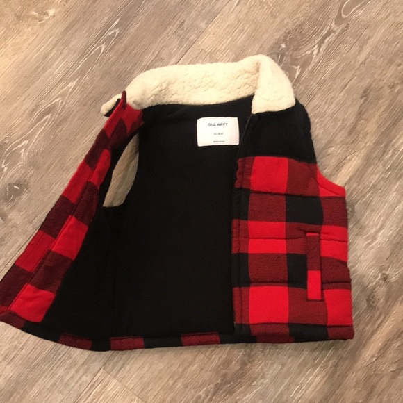 baby GAP Buffalo Plaid Vest Puffer Velvet Cotton Fur Collar 12-18 - Picture 3 of 5
